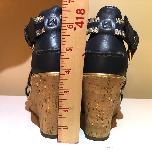 Sperry Topsider Navy Blue & Gold Crisscross Front Cork Heel Sandal. 4” heel - Picture 5 of 11